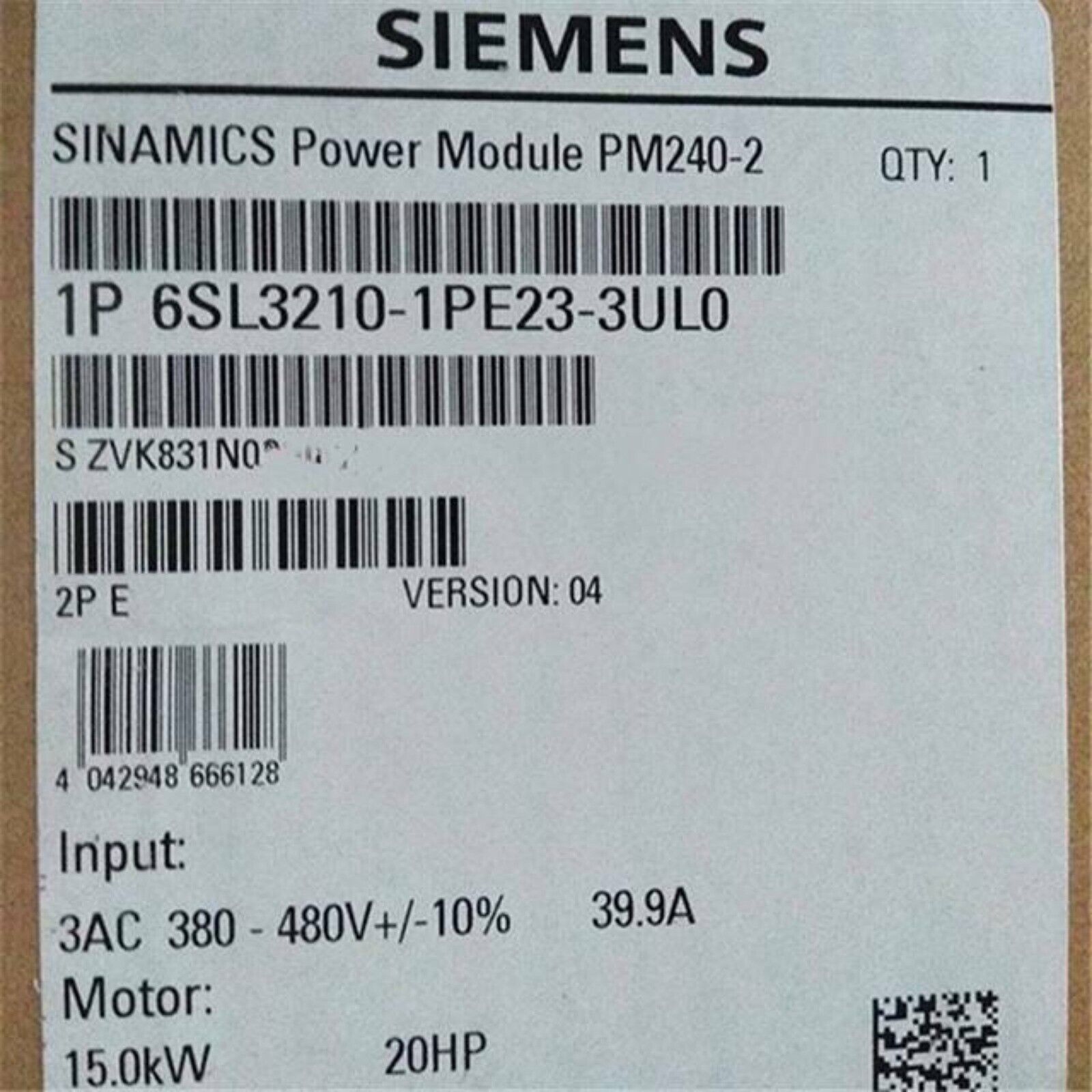 Siemens SINAMICS PM240-2 power module label, model 6SL3210-1PE23-3UL0, 15kW, 39.9A. Industrial automation part.