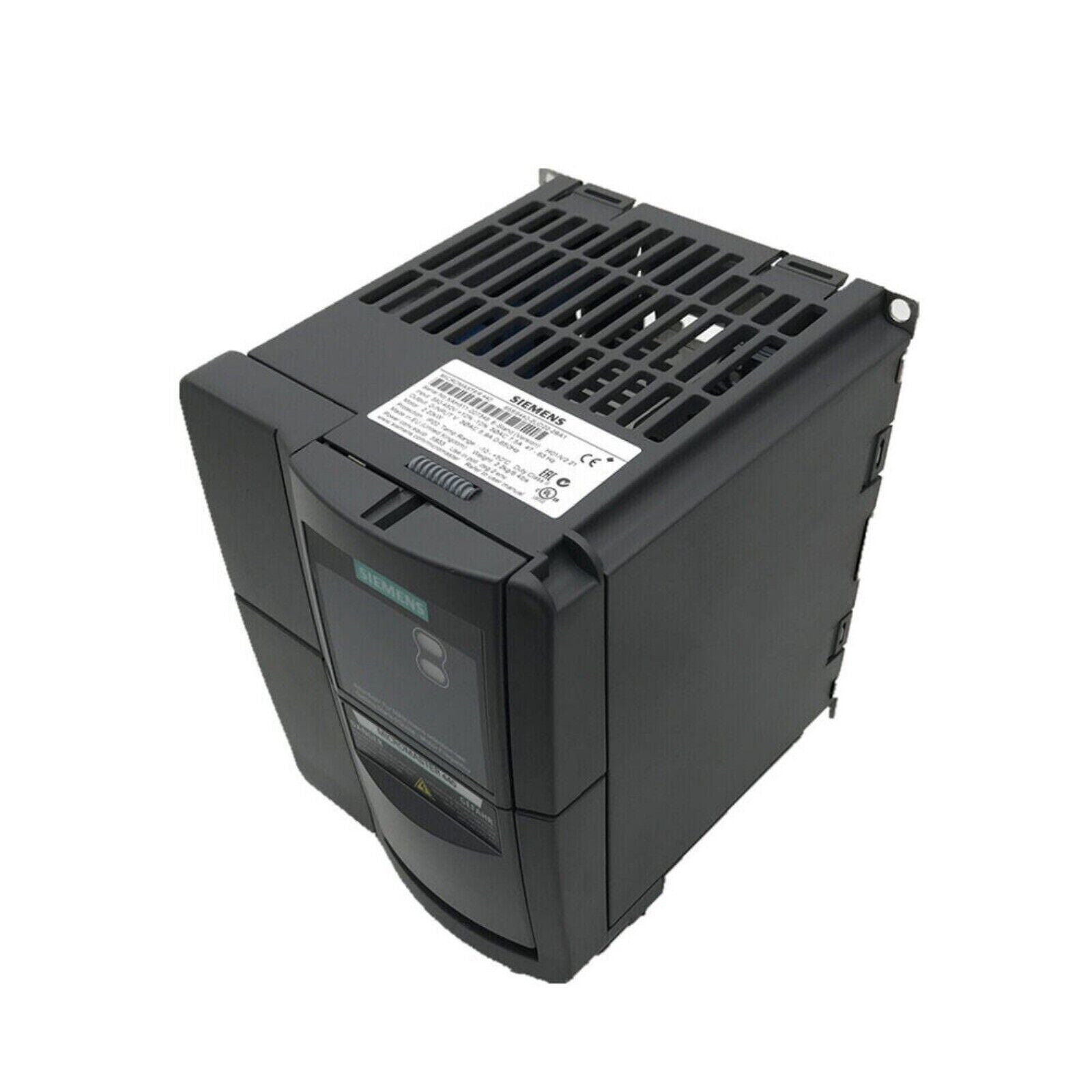 Siemens MICROMASTER 440 drive. Industrial automation part. Black housing with fan and product label.