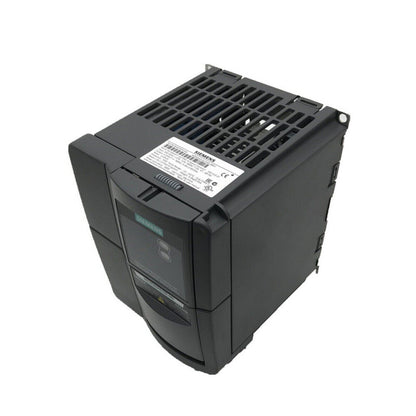 Siemens MICROMASTER 440 drive. Industrial automation part. Black housing with fan and product label.
