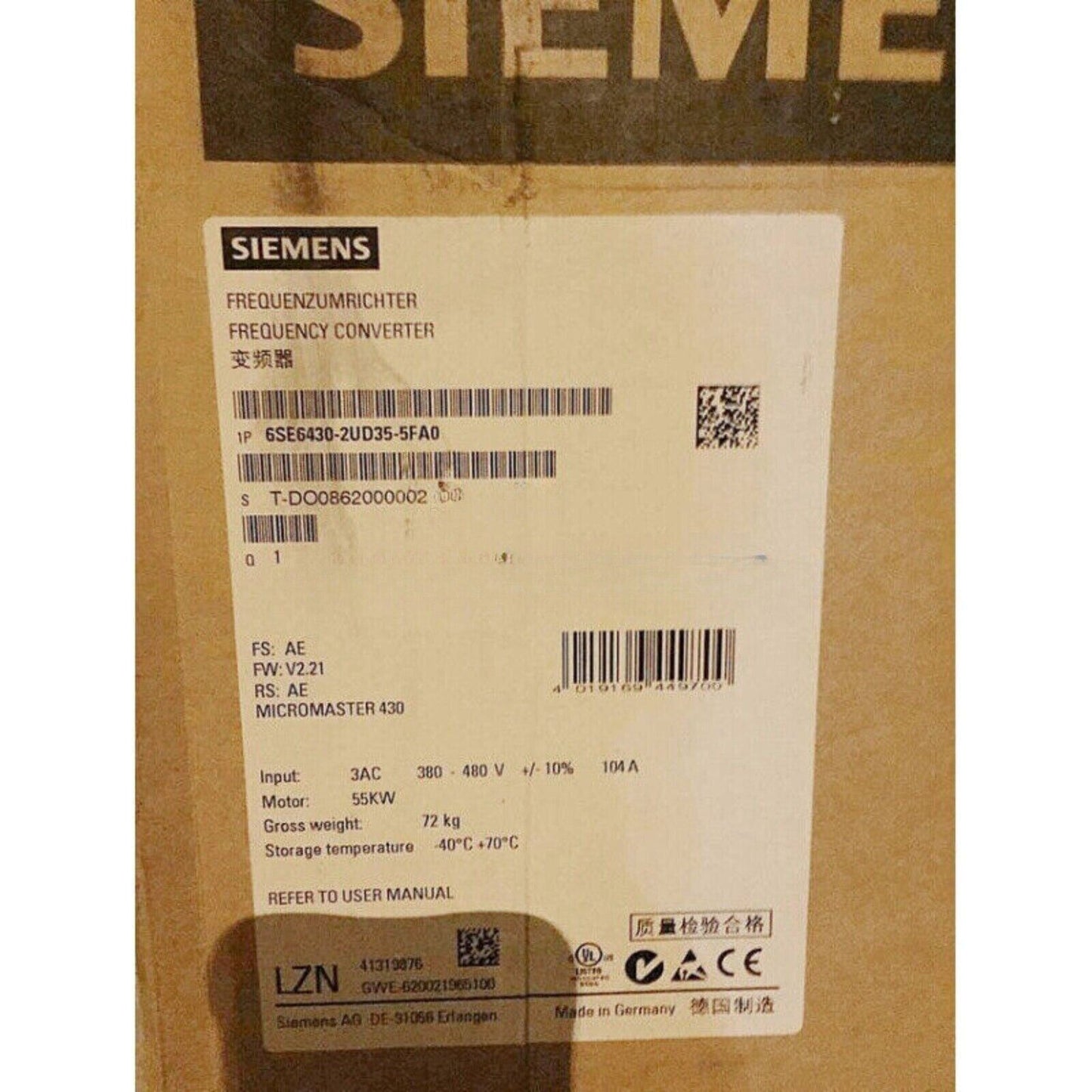 Siemens MICROMASTER 430 frequency converter, 6SE6430-2UD35-5FA0, industrial automation part, 55KW motor, 380-480V.