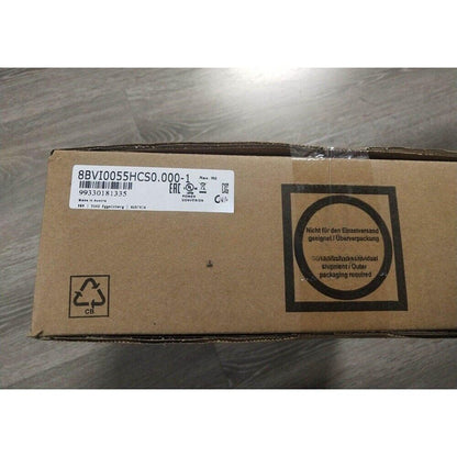B&R Servo Drive 8BVI0055HCS0.000-1 box with product information, Power Conversion label, and packaging warnings.