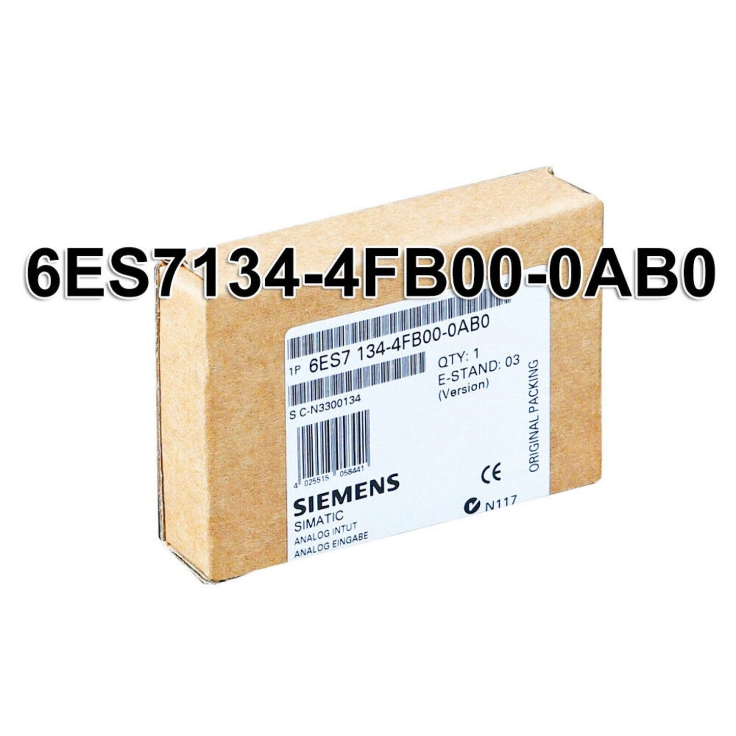 Siemens SIMATIC Analog Input Module 6ES7134-4FB00-0AB0, industrial automation part, original packaging.