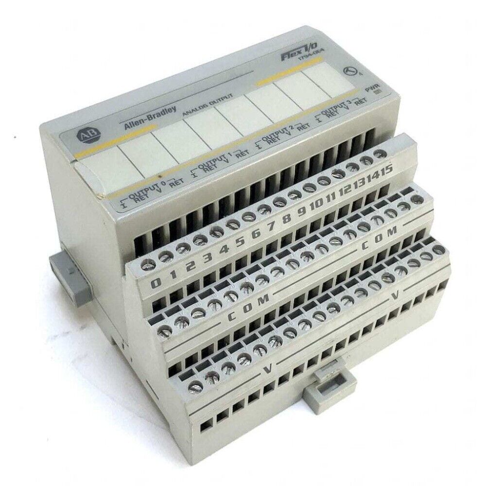 Allen-Bradley FLEX I/O 1794-OE4 Analog Output Module, gray plastic enclosure with terminal connections.