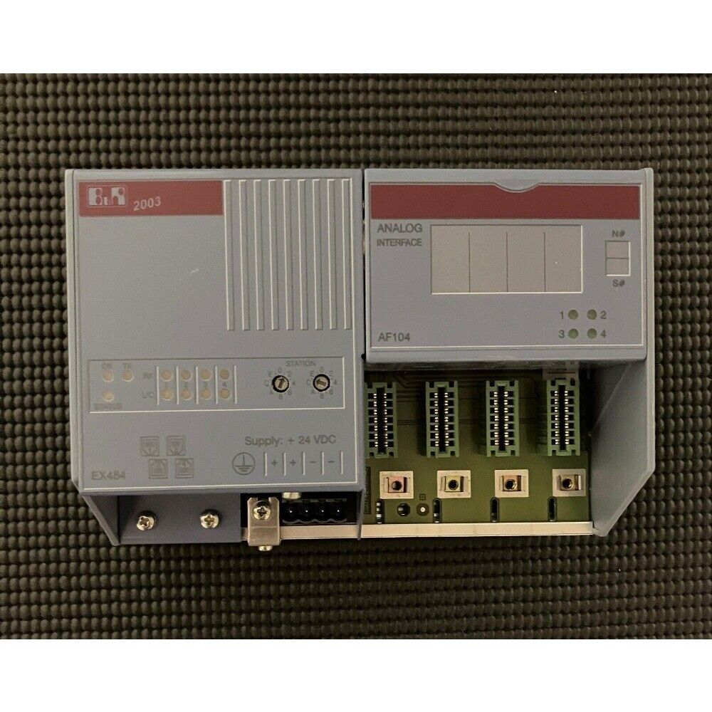 B&R 7EX484.50-1 and 7AF104.7 analog interface module, gray case, connectors. Industrial automation parts.