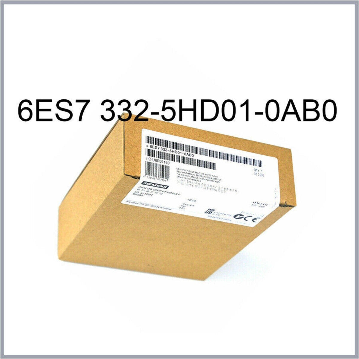 Siemens SIMATIC S7-300 analog output module 6ES7332-5HD01-0AB0, product packaging with part number label, automation control
