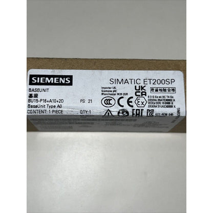Siemens SIMATIC ET 200SP BaseUnit packaging, featuring push-in terminals, for industrial automation, DIN rail mount