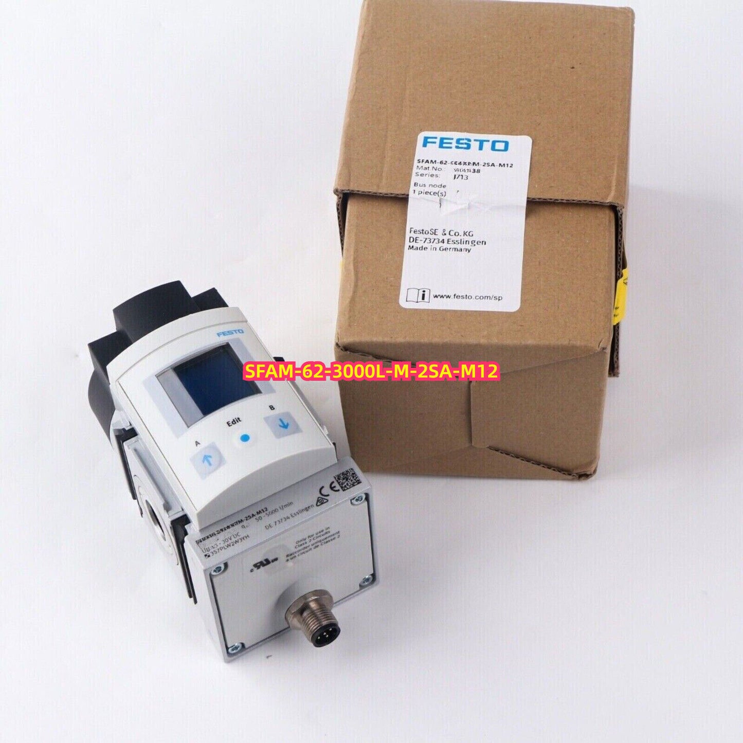 Festo SFAM-62-3000L-M-2SA-M12 flow sensor, industrial automation part, with packaging.