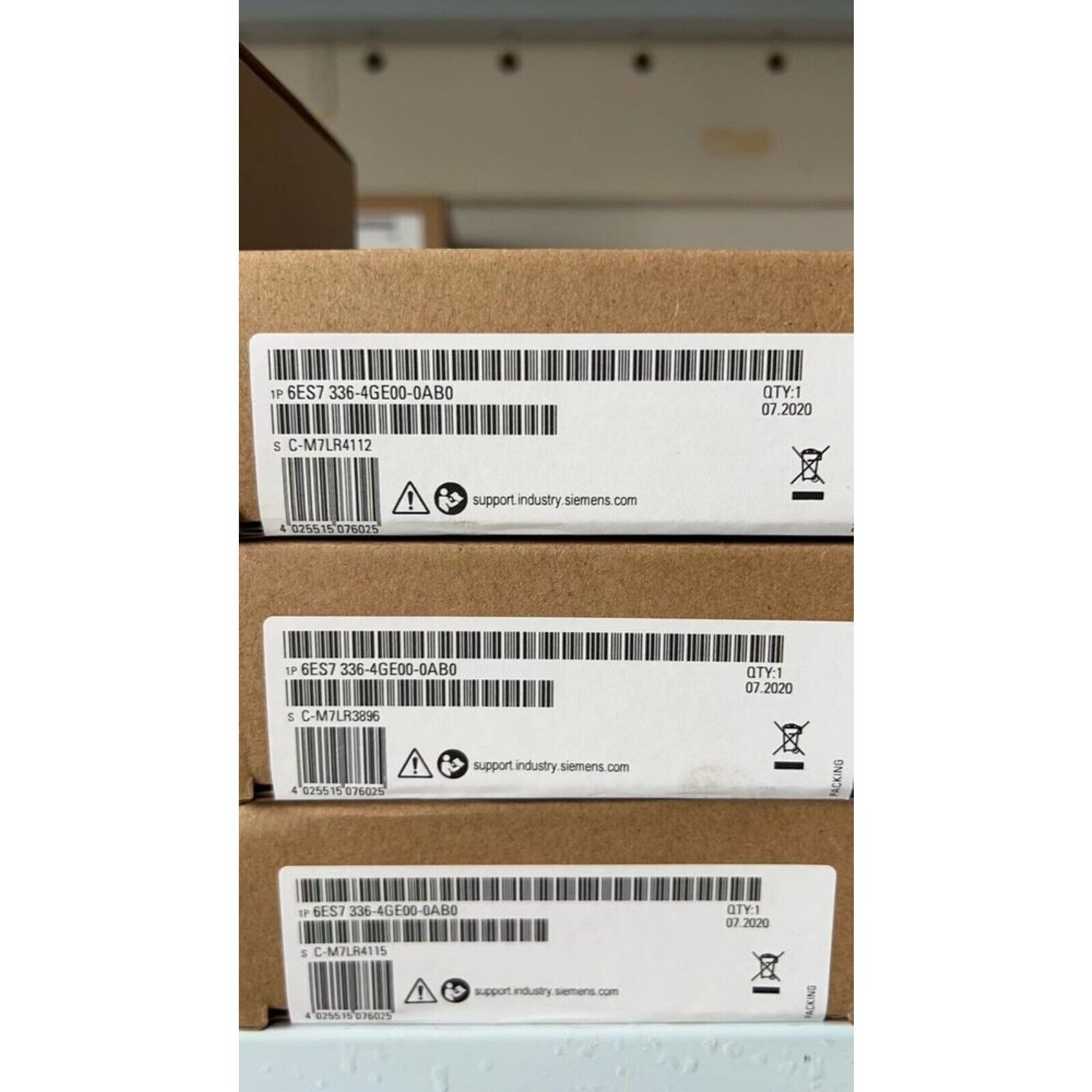 Siemens SIMATIC S7-300 6ES7336-4GE00-0AB0 packaging, showing part number and barcode. Industrial automation parts.