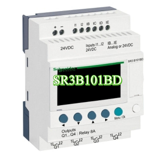 Schneider Electric Zelio Logic SR3B101BD compact programmable relay, 24V DC, 6 digital inputs, 4 relay outputs.
