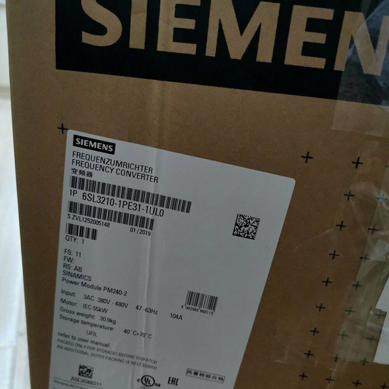 Siemens SINAMICS G120 Power Module 6SL3210-1PE31-1UL0 box label, industrial automation part