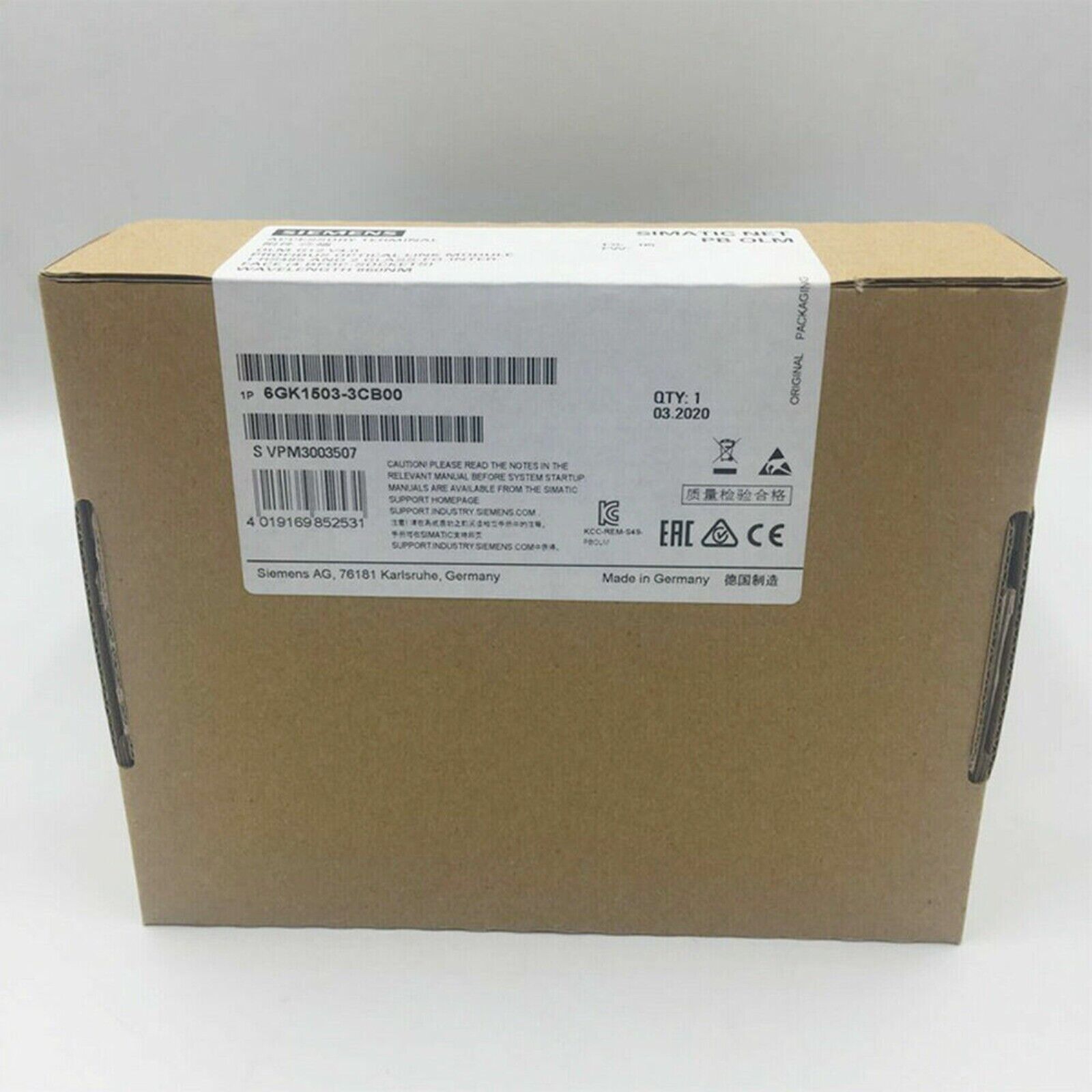 Siemens 6GK1503-3CB00 PLC module packaging, featuring product details and certifications.