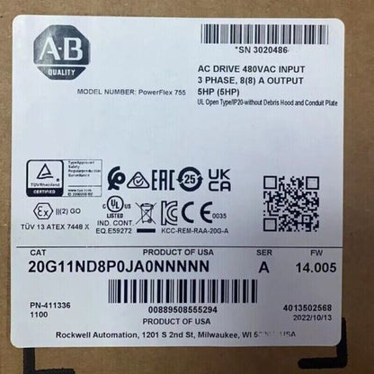 Allen-Bradley PowerFlex 755 AC Drive label: 20G11ND8P0JA0NNNNN, 480VAC, 5HP. Product of USA.