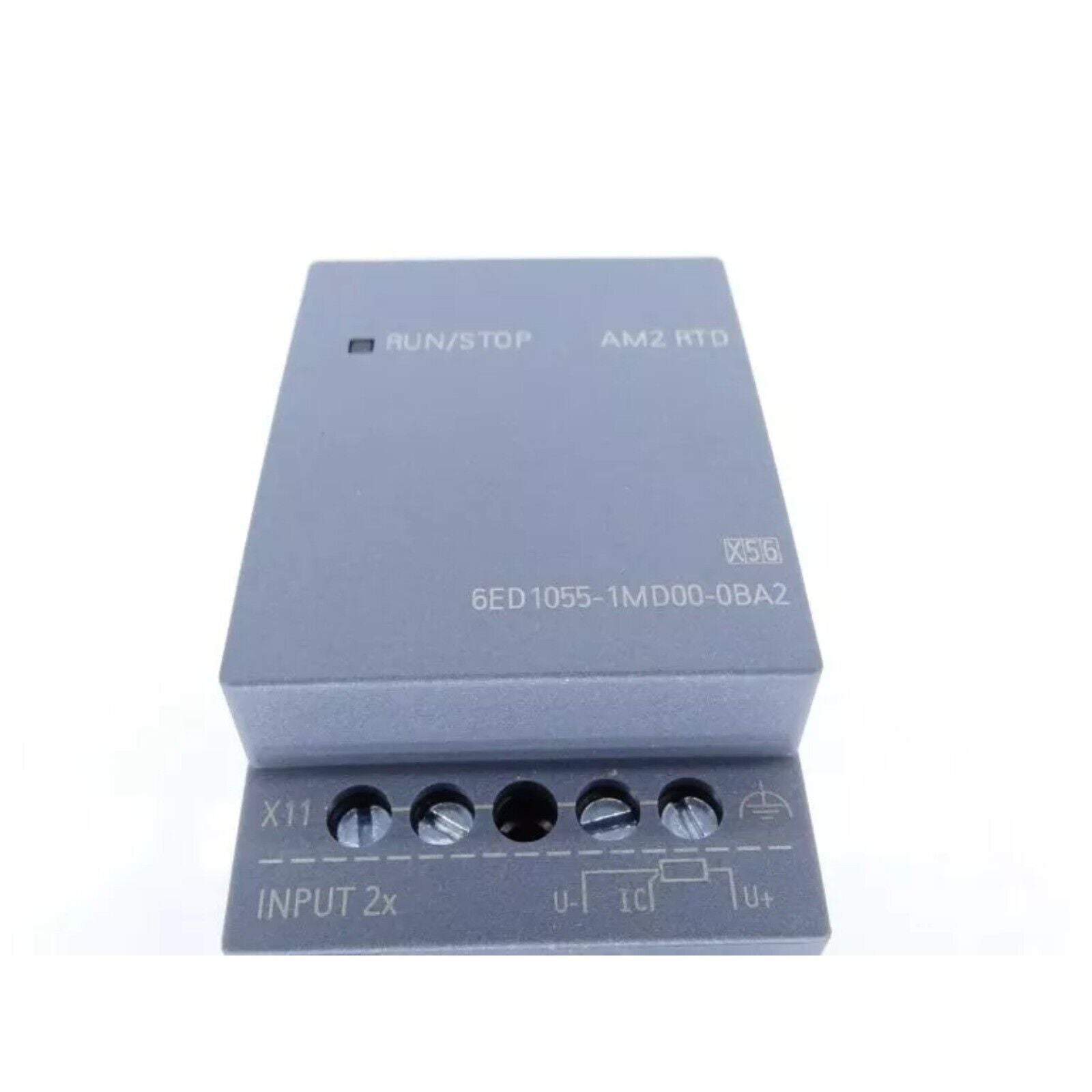 Siemens LOGO! AM2 RTD expansion module 6ED1055-1MD00-0BA2, gray industrial automation part. Featuring RUN/STOP and INPUT 2x.