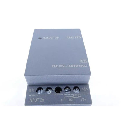 Siemens LOGO! AM2 RTD expansion module 6ED1055-1MD00-0BA2, gray industrial automation part. Featuring RUN/STOP and INPUT 2x.