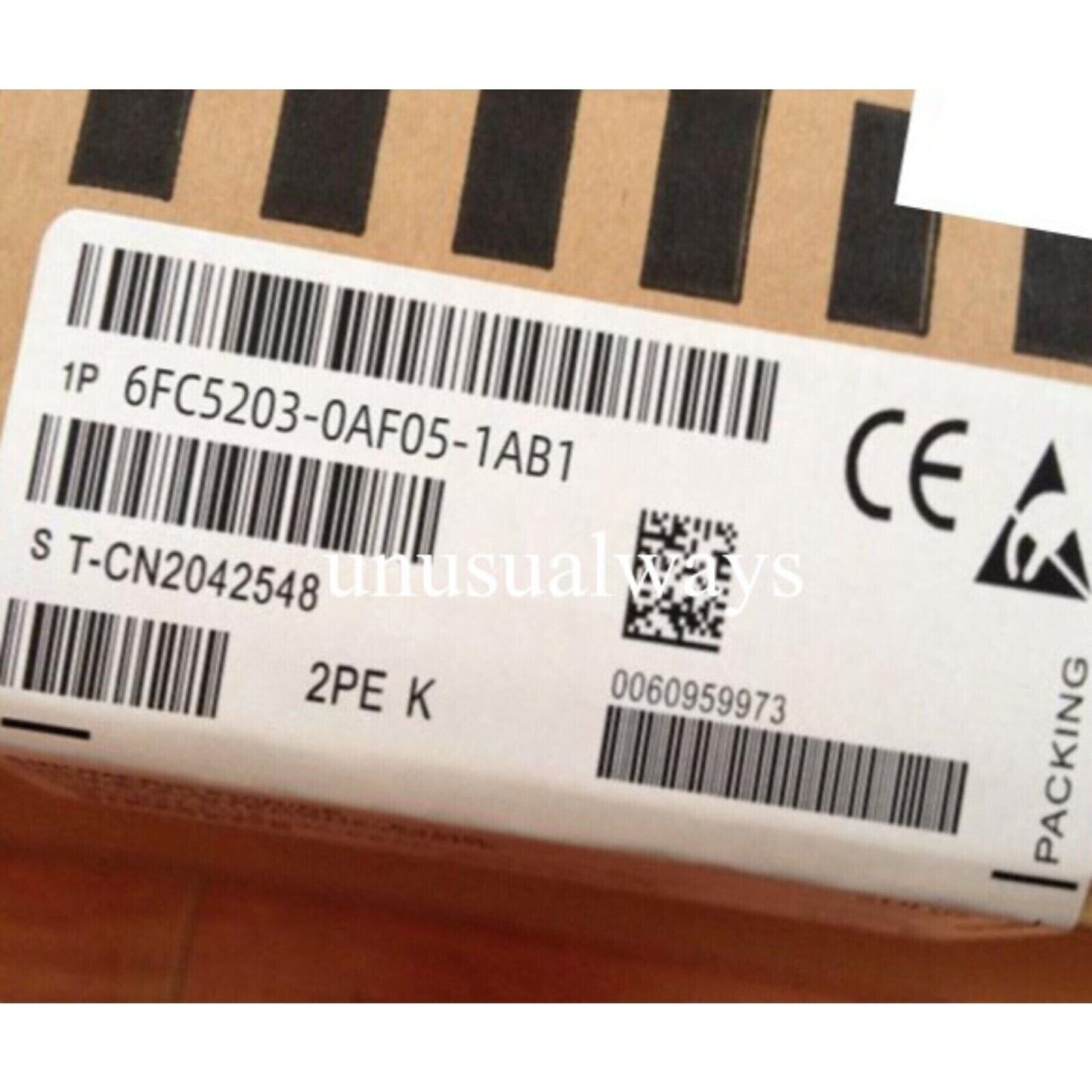 Siemens 6FC5203-0AF05-1AB1 industrial automation part label with barcodes and CE mark, industrial automation part