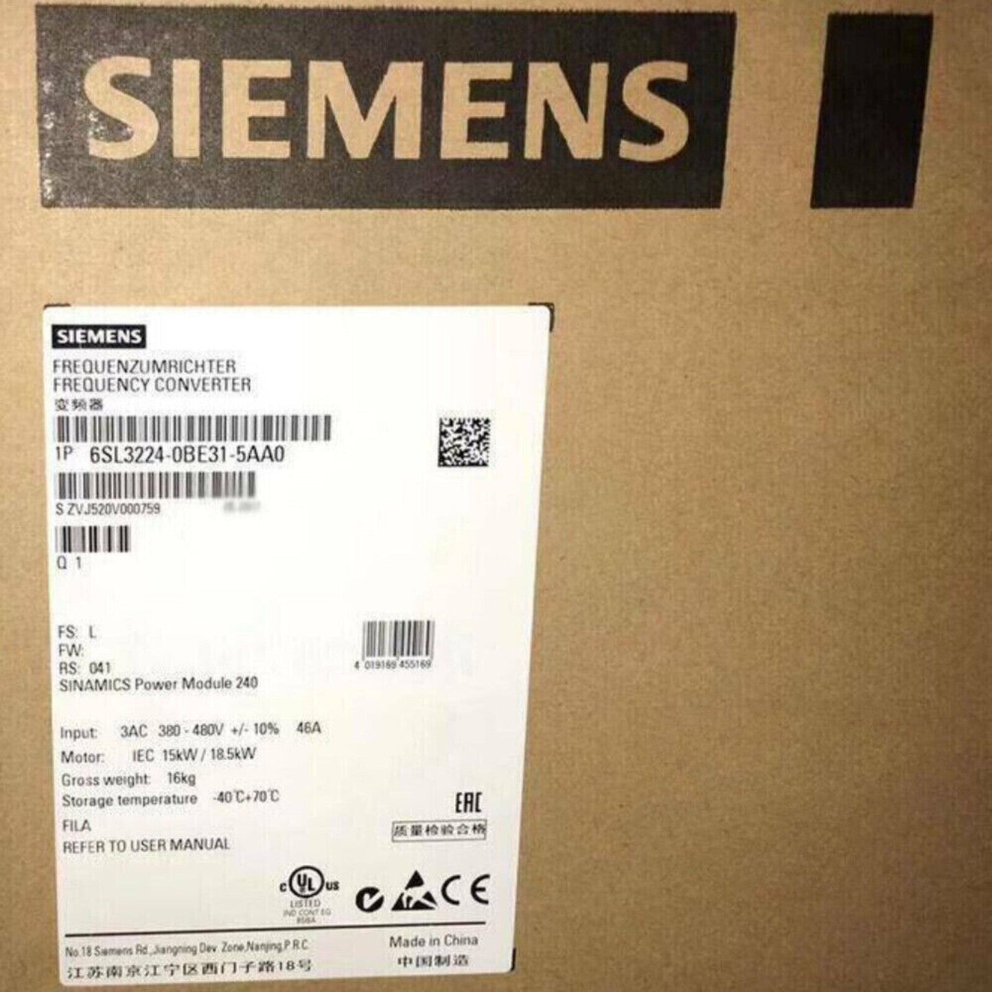 Siemens SINAMICS PM240 Power Module 6SL3224-0BE31-5AA0 in box, Frequency Converter, Made in China