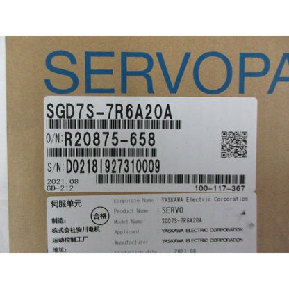 YASKAWA SGD7S-7R6A20A Servopack servo drive product label, unused spare part, industrial automation equipment.
