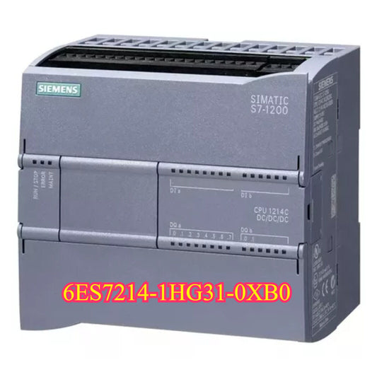 Siemens SIMATIC S7-1200 CPU 1214C DC/DC/DC 6ES7214-1HG31-0XB0 PLC module, grey, industrial automation part.