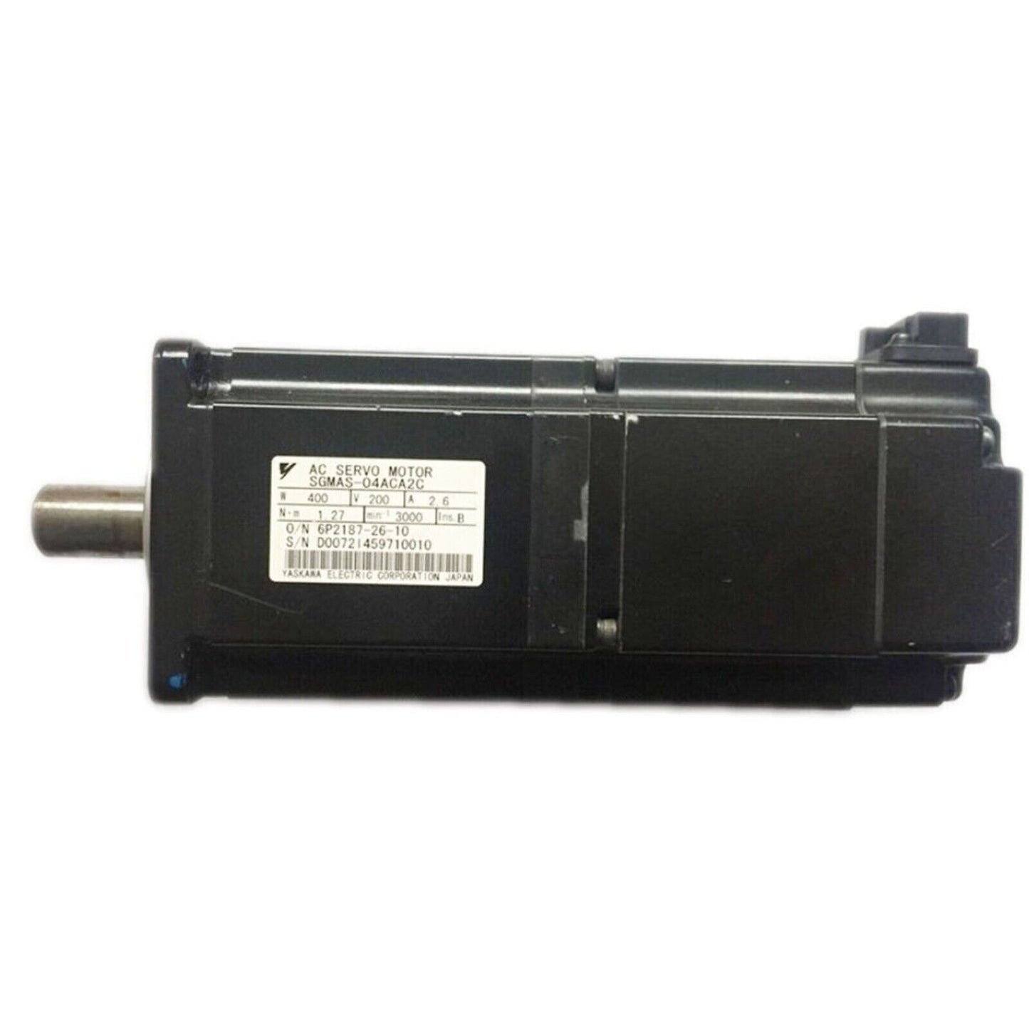 Yaskawa SGMAS-04ACA2C AC servo motor, black industrial automation part with specs label.