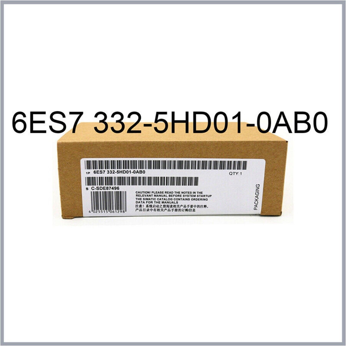 Siemens SIMATIC S7-300 6ES7332-5HD01-0AB0 module in box, industrial automation part packaging, product label visible.