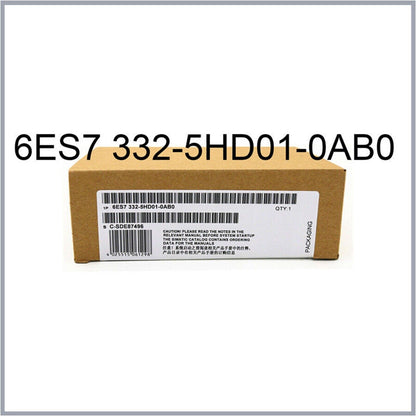 Siemens SIMATIC S7-300 6ES7332-5HD01-0AB0 module in box, industrial automation part packaging, product label visible.