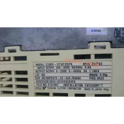 YASKAWA CIMR-V7AT20P4 Inverter label showing model, specifications, and electrical data.