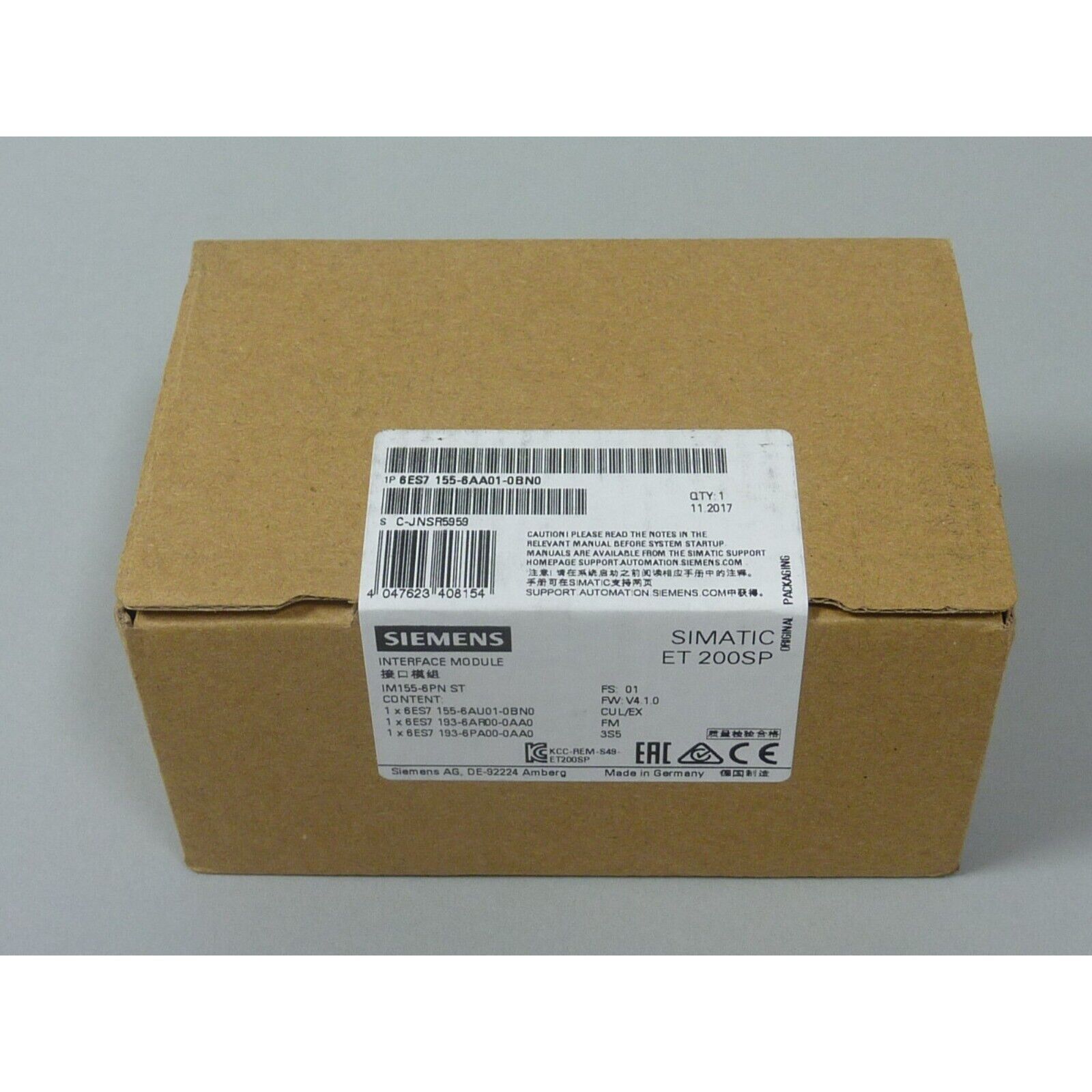 Siemens SIMATIC ET 200SP interface module in original packaging, 6ES7155-6AA01-0BN0, industrial automation part.