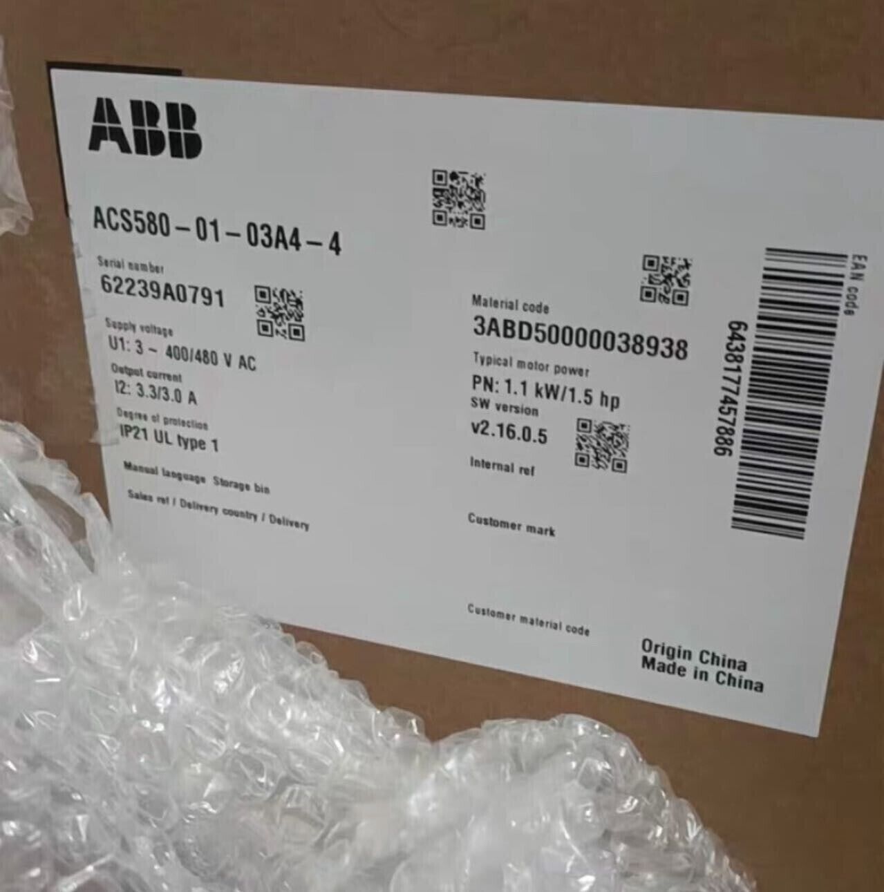 ABB ACS580-01-03A4-4 Drive product label, featuring serial number, voltage, output, and technical specifications.