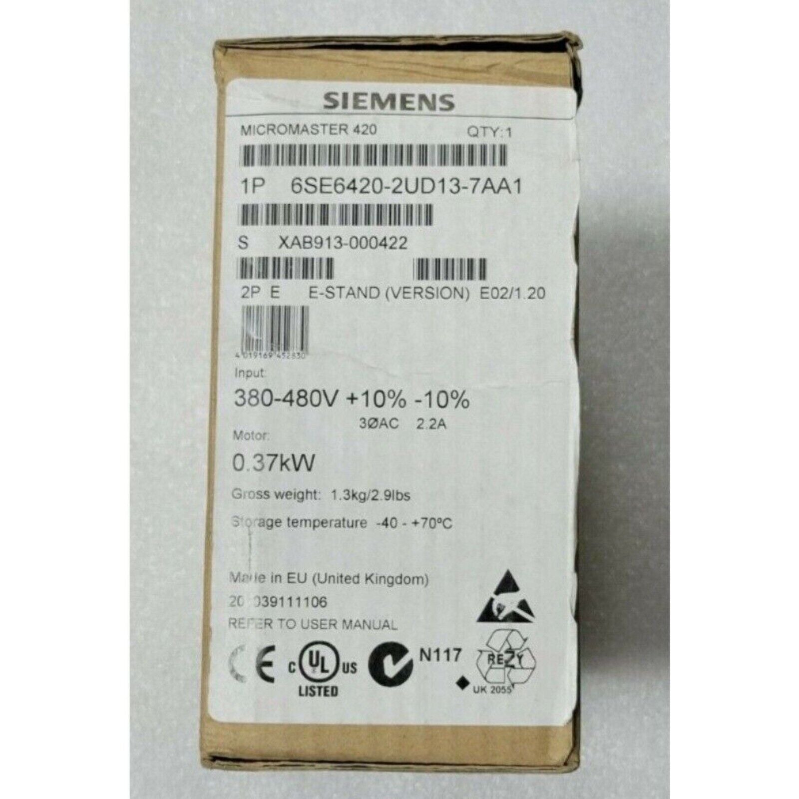 MICROMASTER 420 frequency converter package by Siemens, model 6SE6420-2UD13-7AA1, industrial automation equipment.