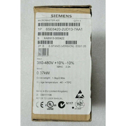 MICROMASTER 420 frequency converter package by Siemens, model 6SE6420-2UD13-7AA1, industrial automation equipment.