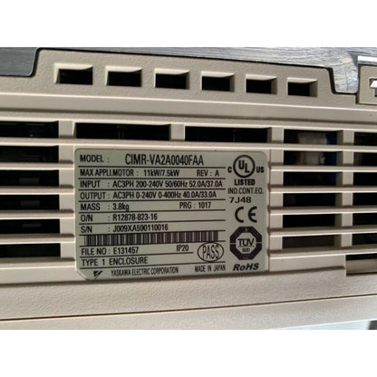 YASKAWA VARISPEED CIMR-VA2A0040FAA Inverter - Detailed specifications label with model, input/output, and certification.
