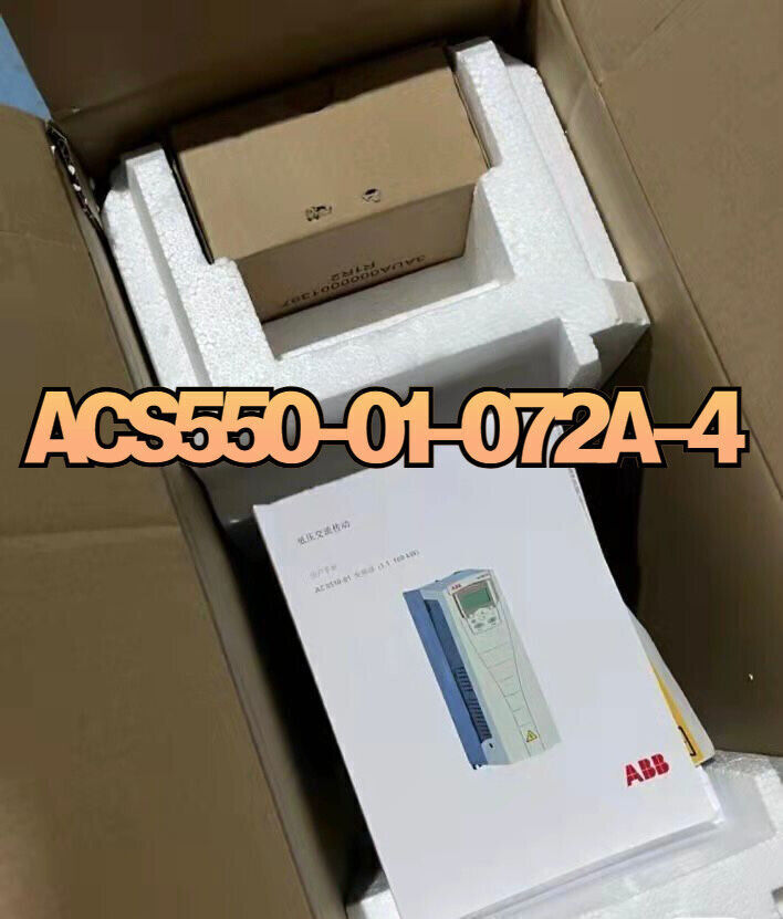 ABB ACS550-01-072A-4 Inverter inside a box with packaging materials, ABB logo visible.