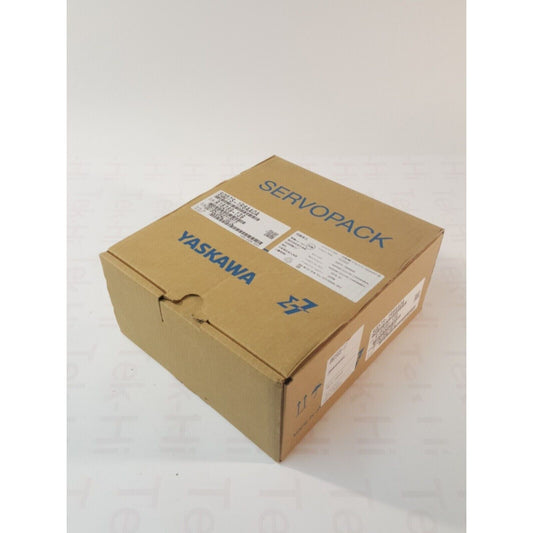 YASKAWA SGD7S-1R6AA0A servo drive in a brown cardboard box. SERVOPACK packaging with product details.