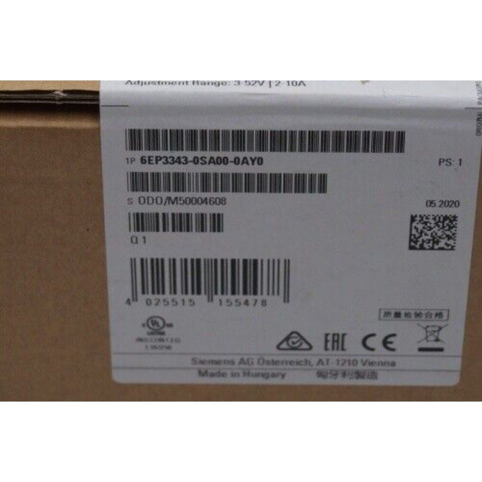 Siemens 6EP3343-0SA00-0AY0 power supply label detail with barcodes, made in Hungary.