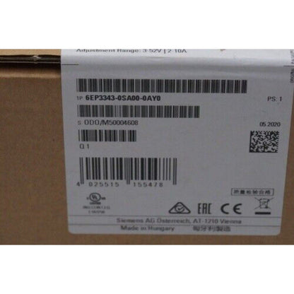 Siemens 6EP3343-0SA00-0AY0 power supply label detail with barcodes, made in Hungary.