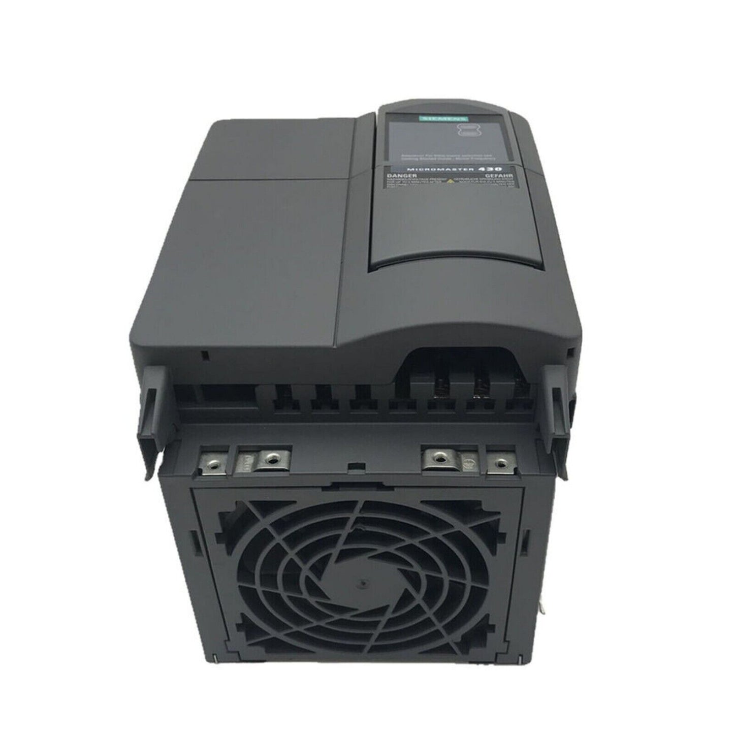 Siemens MICROMASTER 430 industrial drive, dark grey color, front view showing fan and model details, 6SE6430-2UD31-1CA0.