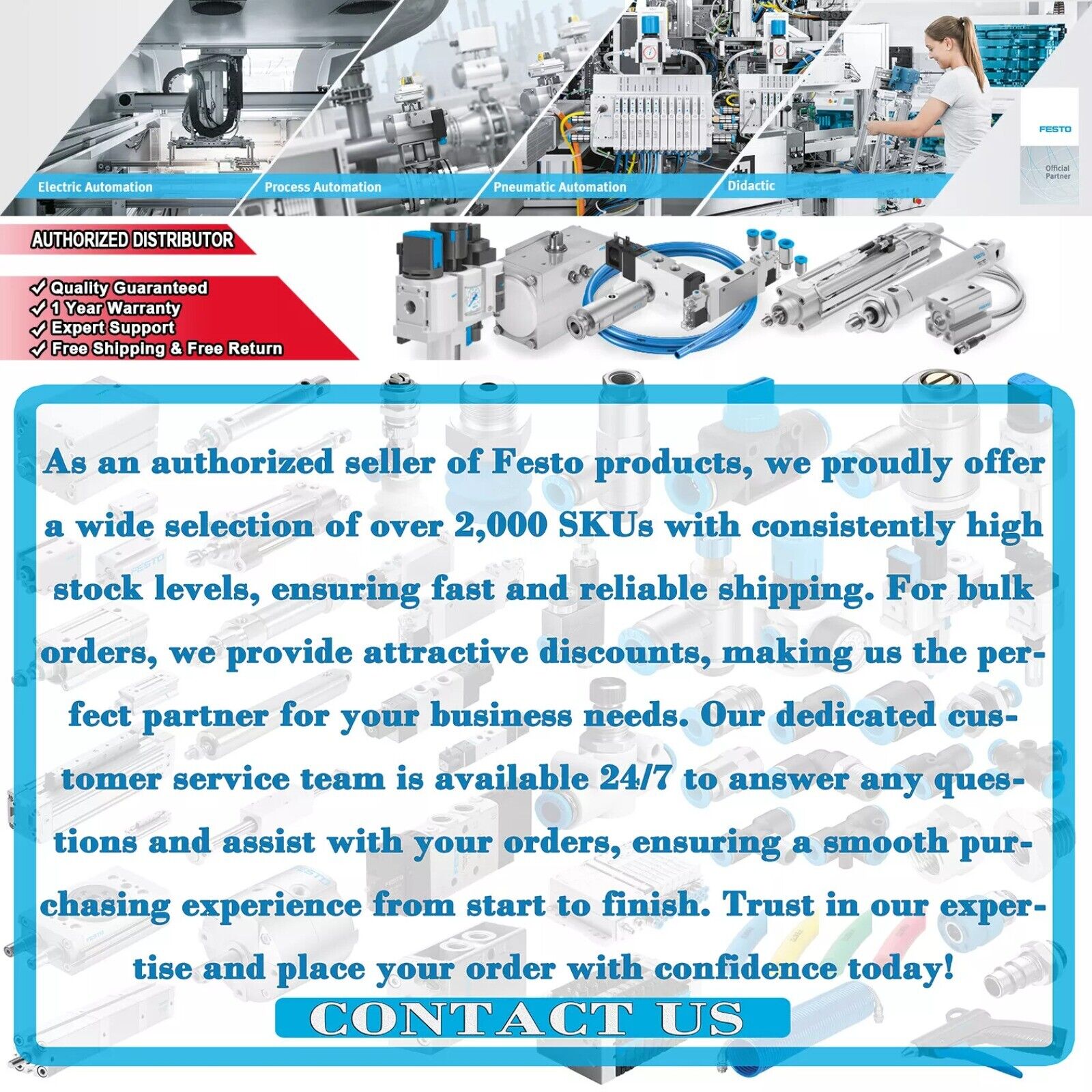 Festo products authorized distributor, over 2,000 SKUs available with fast shipping and expert support.