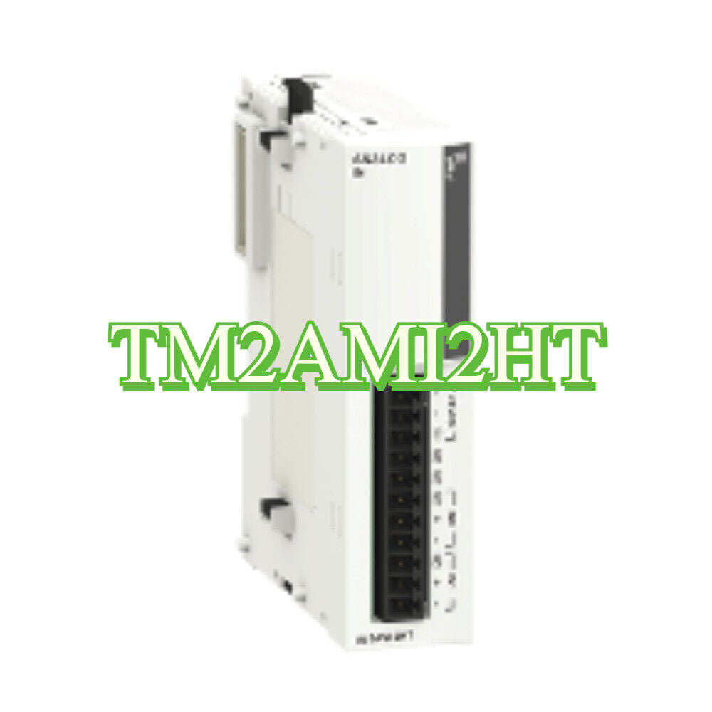 Schneider TM2AMI2HT PLC Module. White module with the text TM2AMI2HT, industrial automation part.