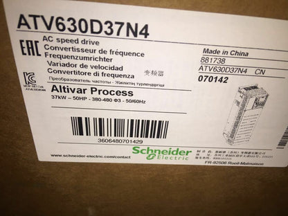 Schneider Electric Altivar Process ATV630D37N4 variable speed drive product label, 37kW, 380-480V, Made in China.