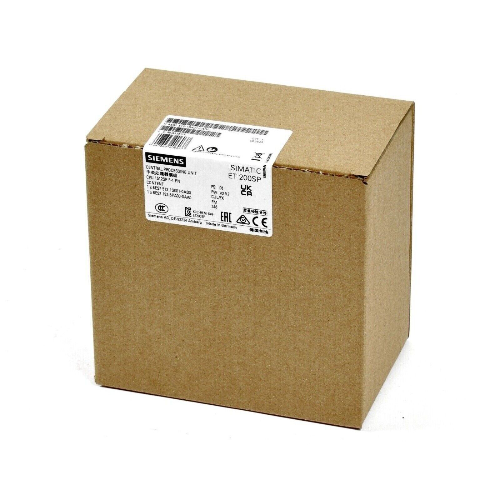 Siemens SIMATIC ET 200SP CPU 1512SP F-1 PN in brown cardboard box, product label visible, industrial automation part.