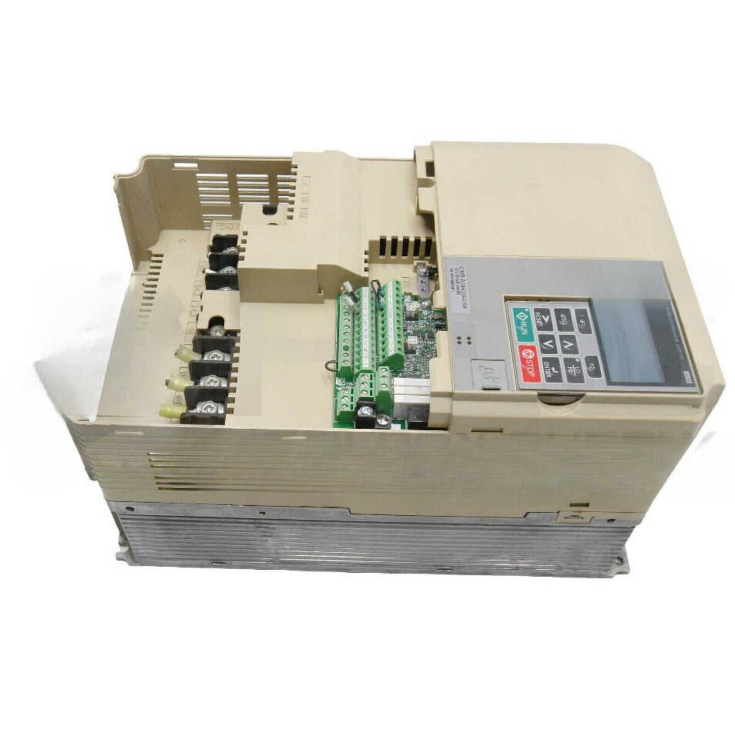 YASKAWA CIMR-AU4A0044FAA AC Drive. 400V 3PH, industrial automation equipment, featuring RUN and STOP buttons.
