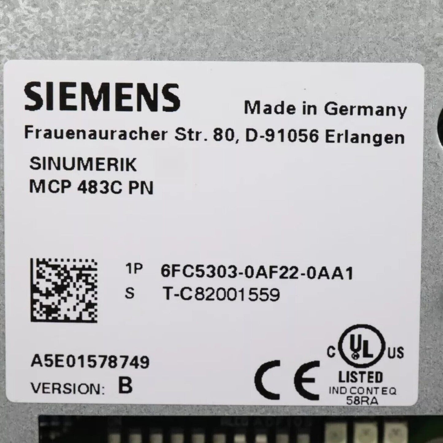 Siemens SINUMERIK MCP 483C PN product label, Made in Germany, part number 6FC5303-0AF22-0AA1, for CNC automation