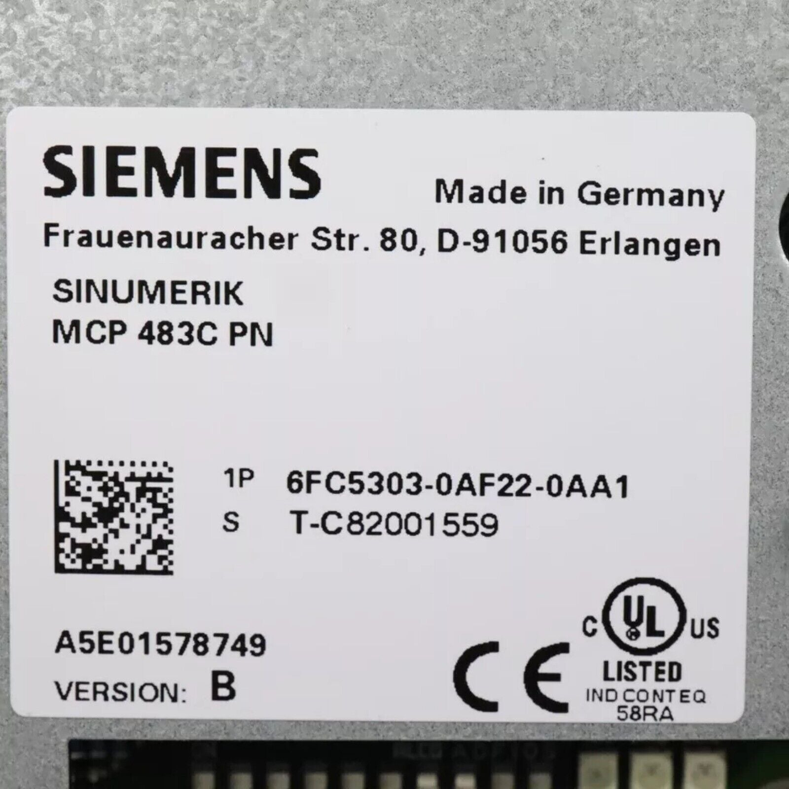 Siemens SINUMERIK MCP 483C PN product label, Made in Germany, part number 6FC5303-0AF22-0AA1, for CNC automation