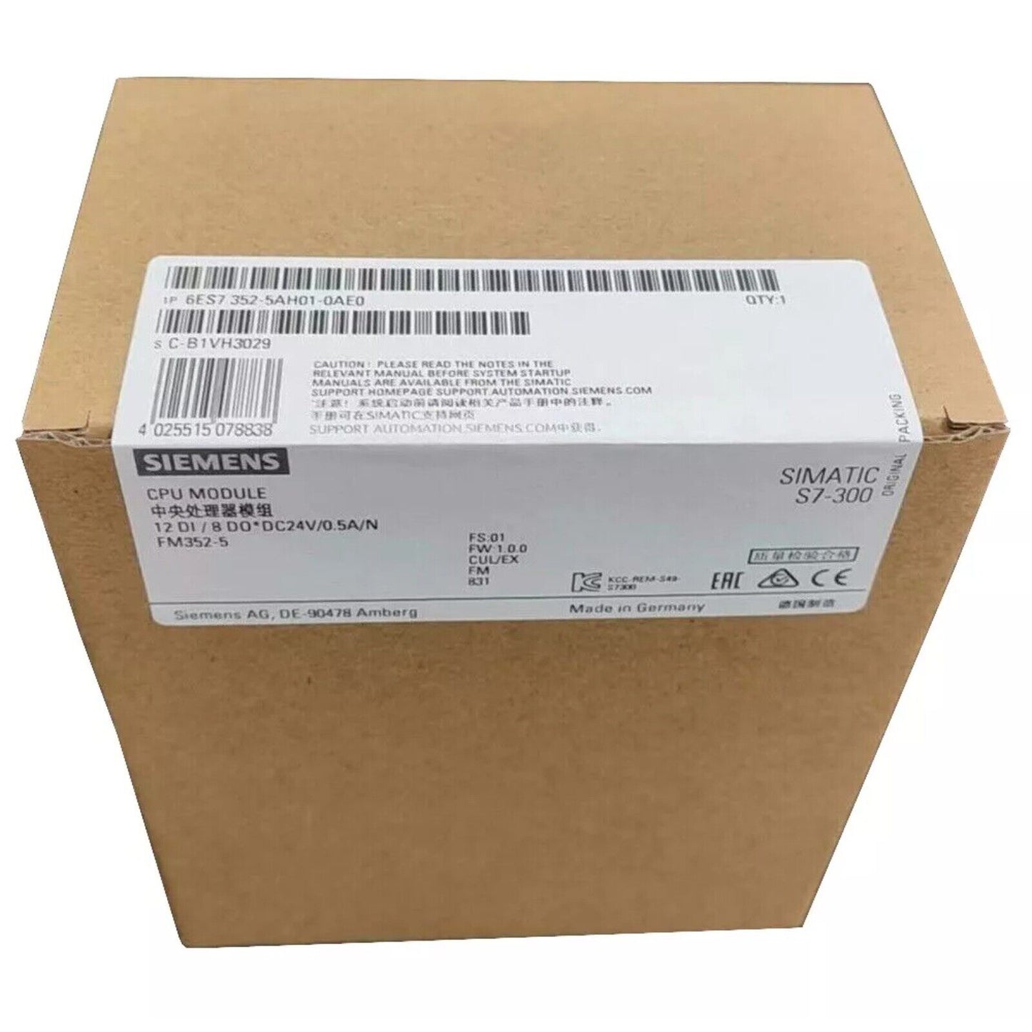 Siemens SIMATIC S7-300 CPU Module 6ES7352-5AH01-0AE0 in box, industrial automation part.
