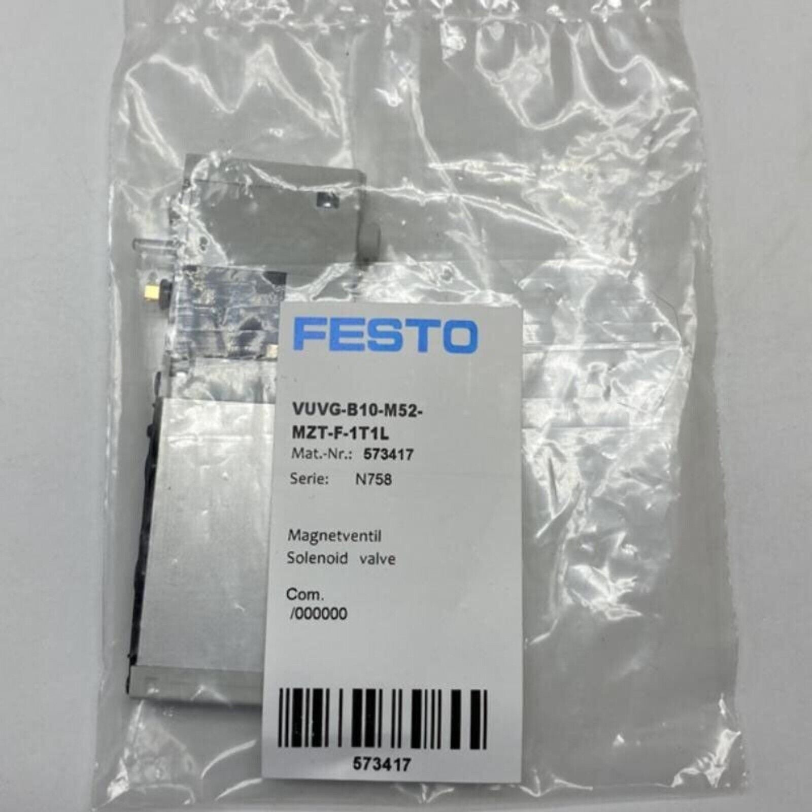 Festo VUVG-B10-M52-MZT-F-1T1L Solenoid Valve, industrial automation part, packaged with product details.