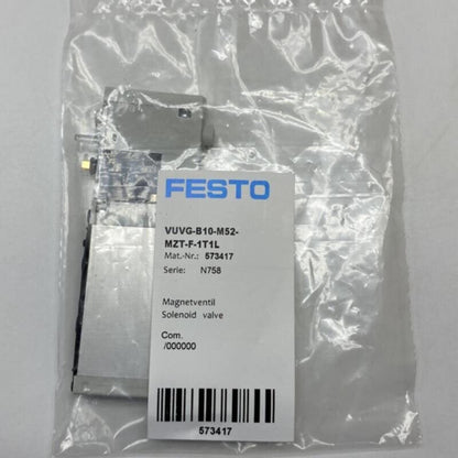 Festo VUVG-B10-M52-MZT-F-1T1L Solenoid Valve, industrial automation part, packaged with product details.