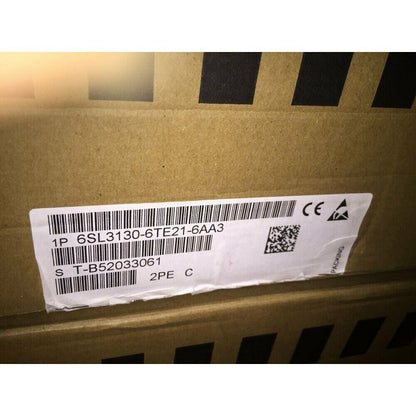 Siemens SINAMICS S120 drive package label with model number 6SL3130-6TE21-6AA3 and barcode.