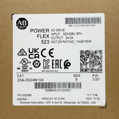 Allen-Bradley PowerFlex 523 AC Drive 25A-D024N104 label. 11kW/15HP Motor Rating, Input 323-528V.