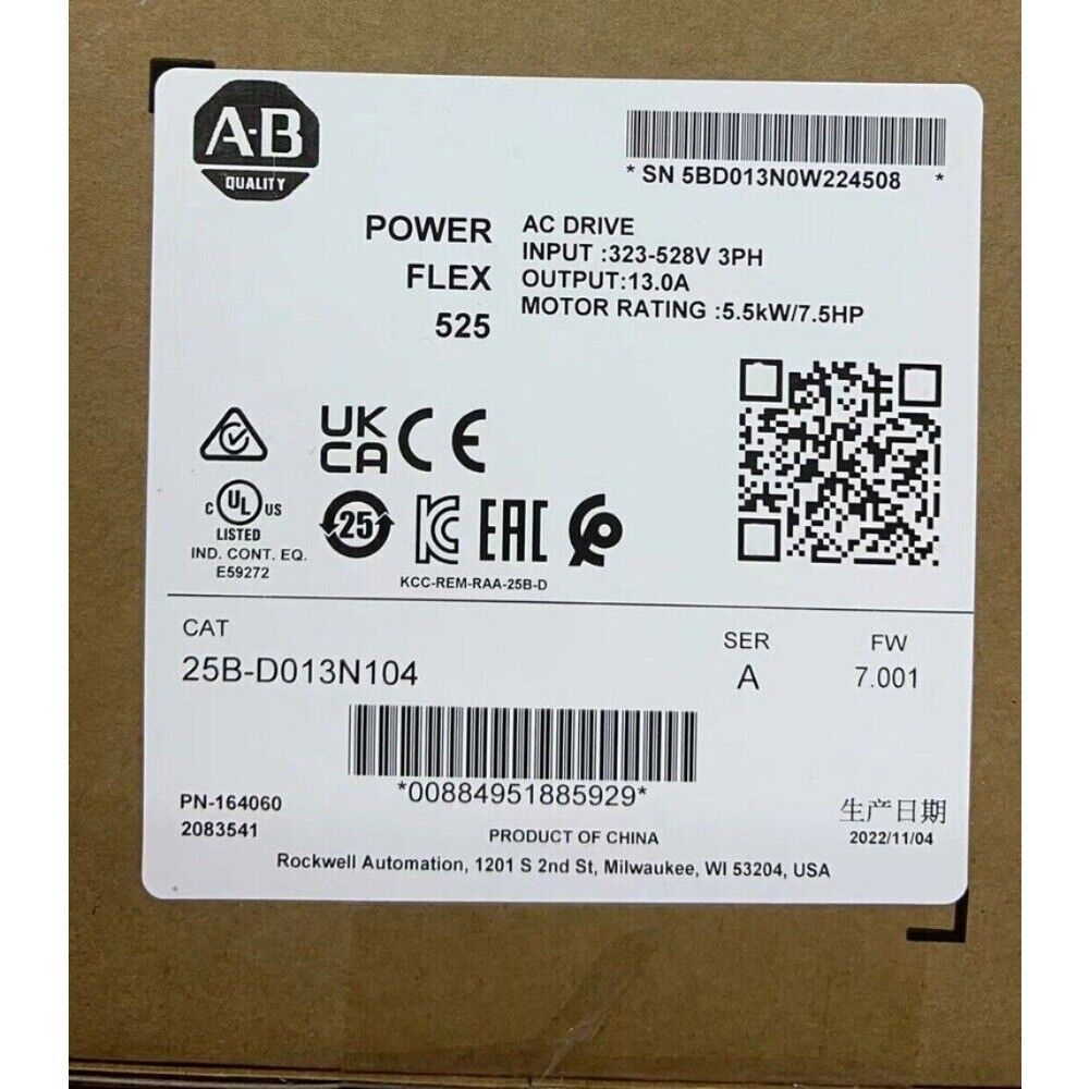 Allen-Bradley PowerFlex 525 AC Drive, 25B-D013N104, industrial automation part, with product information and specifications.