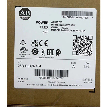 Allen-Bradley PowerFlex 525 AC Drive, 25B-D013N104, industrial automation part, with product information and specifications.